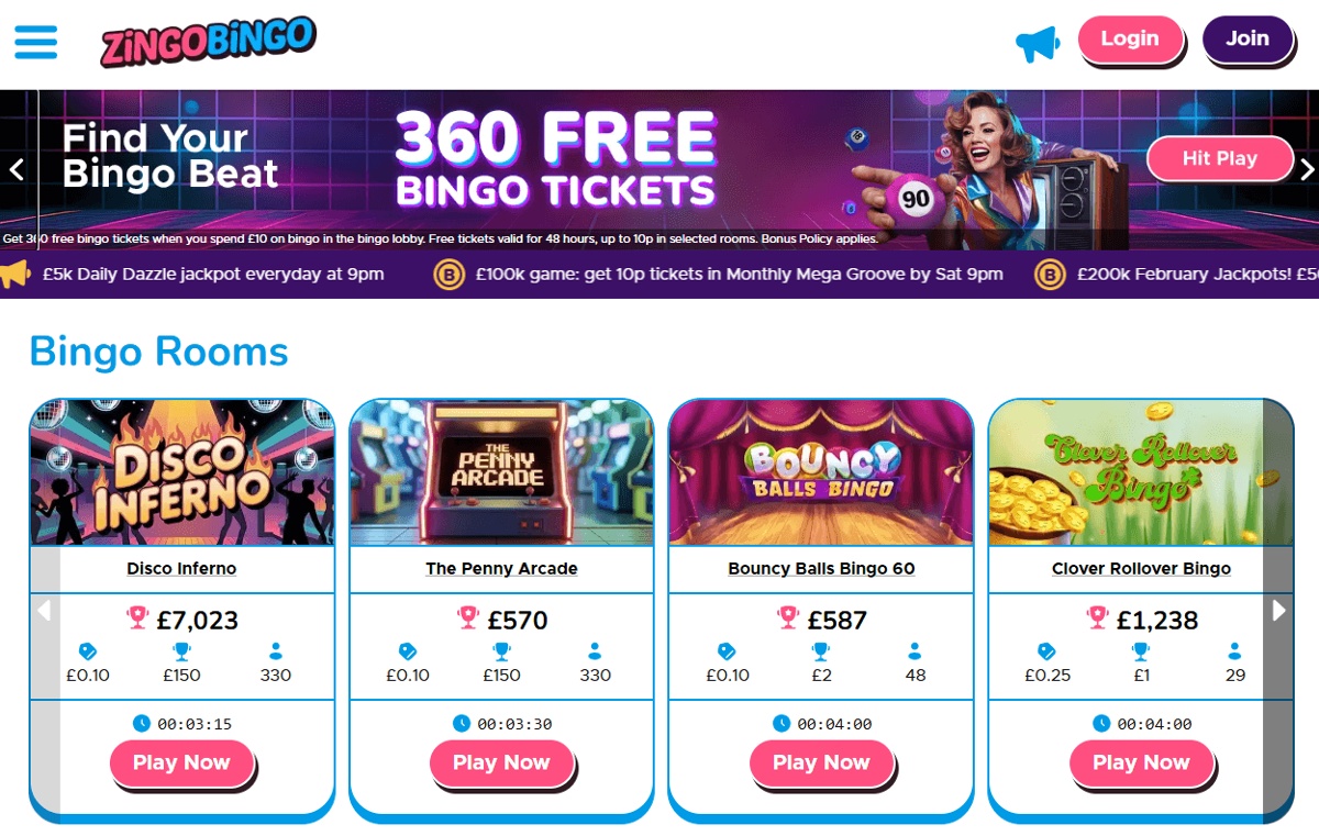 ZingoBingo casino homepage as seen in the UK with a bingo deposit bonus banner and list of bingo rooms